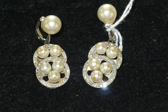 Pair of white metal, cultured pearl and diamond double hoop clip earrings